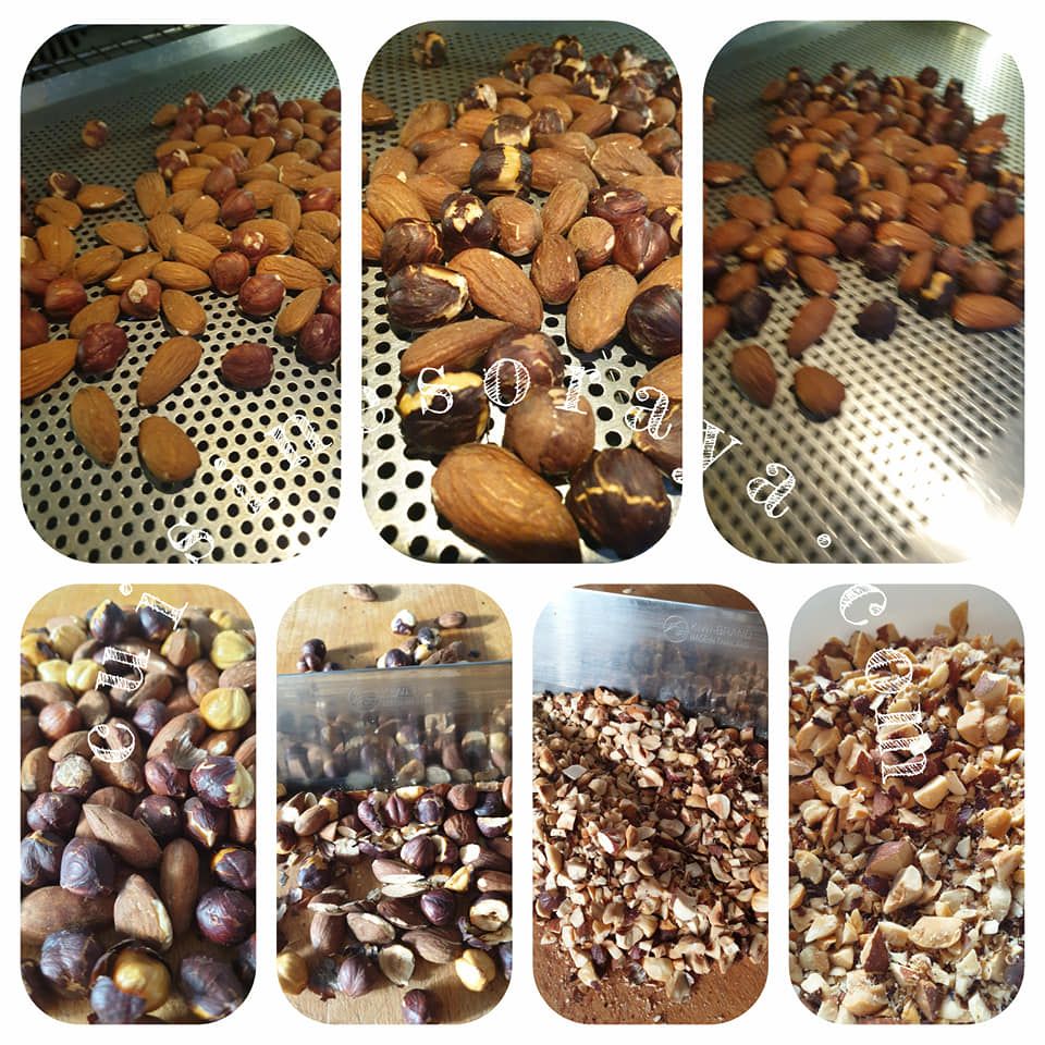 Amandes et noisettes concassés et torréfiées (four préchauffé à 180°C pendant 10 minutes)