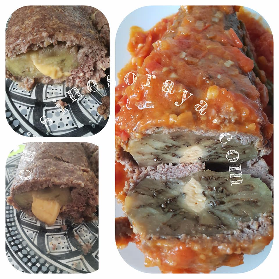 Aubergine roulée à la viande au fromage coulant et sa sauce