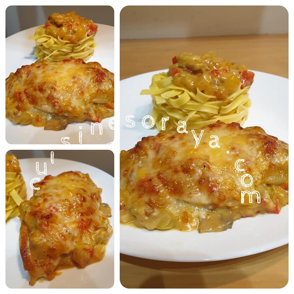 Escalopes de poulet gratinée avec sa sauce crémeuse aux légumes