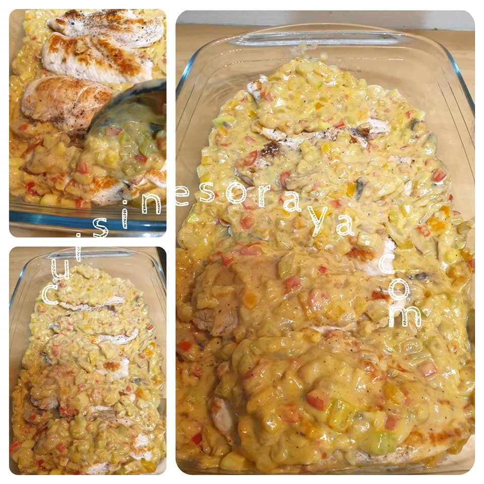 Escalopes de poulet gratinée avec sa sauce crémeuse aux légumes
