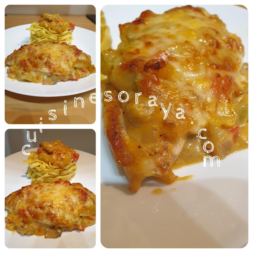 Escalopes de poulet gratinée avec sa sauce crémeuse aux légumes