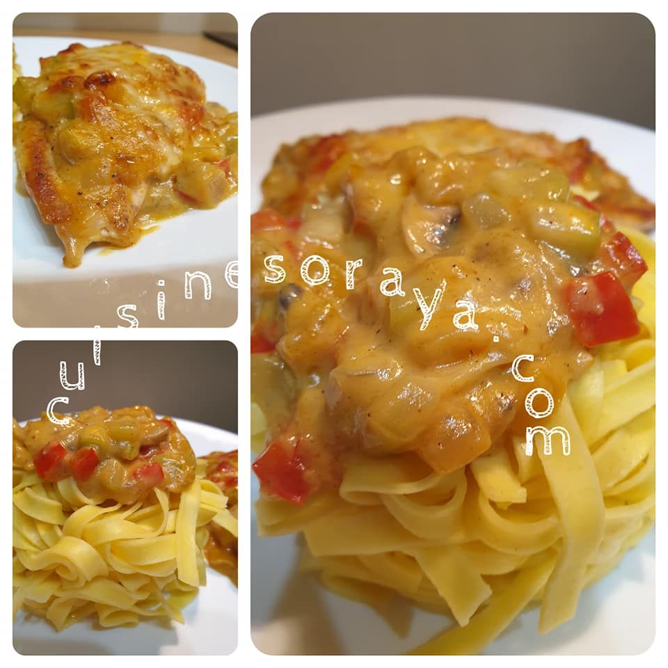 Escalopes de poulet gratinée avec sa sauce crémeuse aux légumes