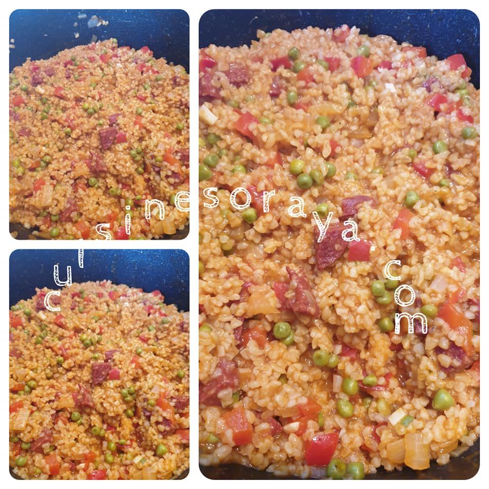 Boulgour aux poivrons, petits pois et chorizo