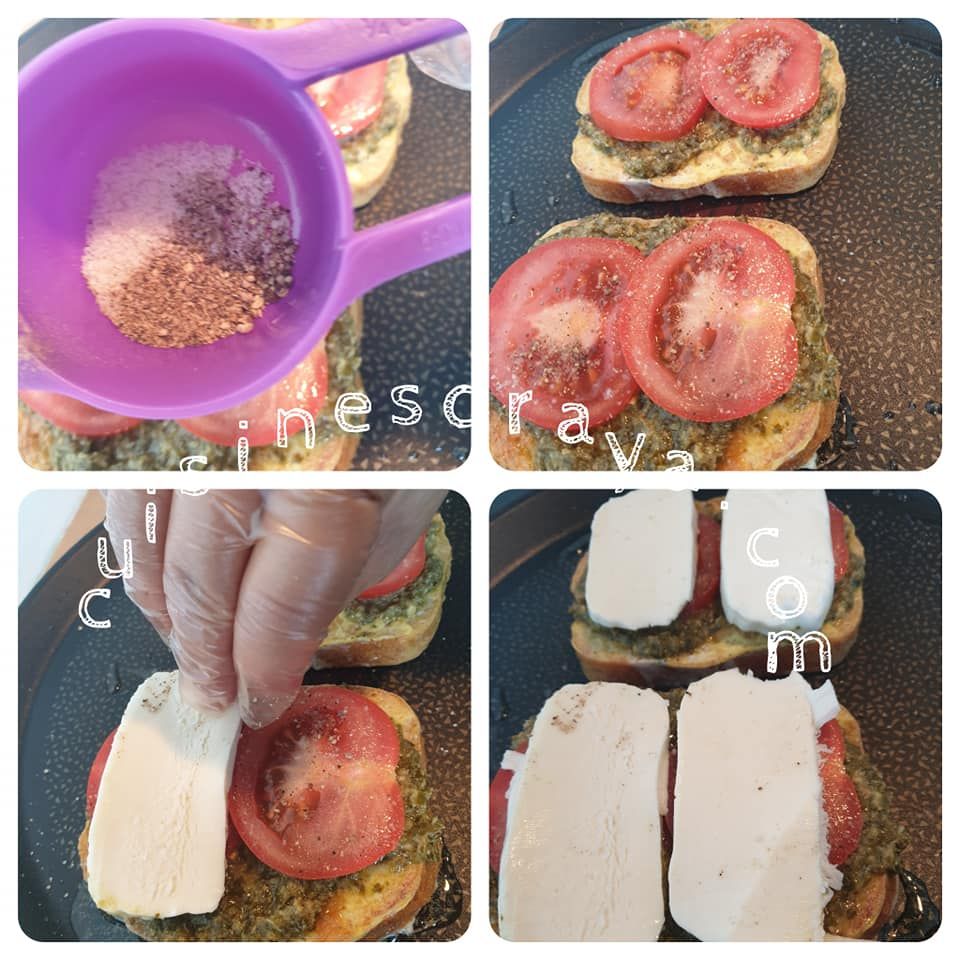 Pain perdu au pesto, tomate et mozzarella