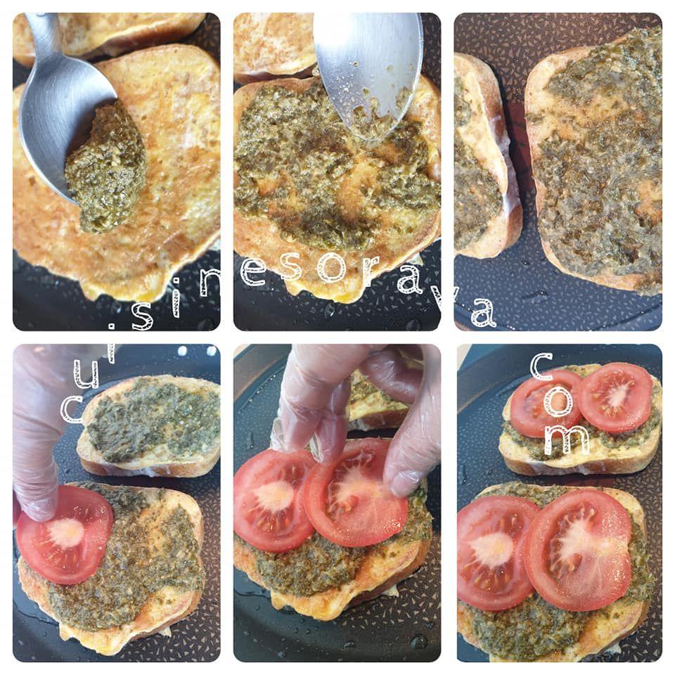 Pain perdu au pesto, tomate et mozzarella