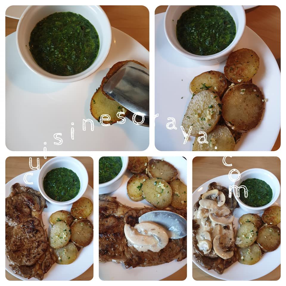 Faux filet sauce champignon, pomme de terre sautées au herbe et épinard à la crème