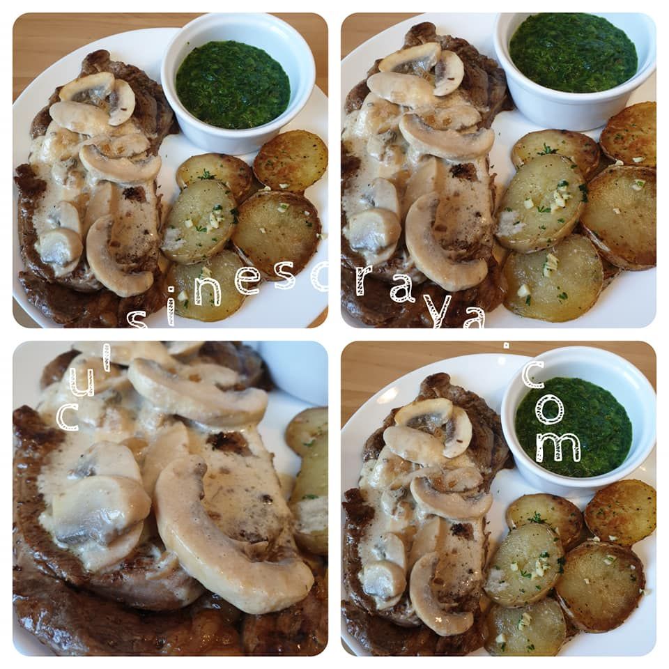 Faux filet sauce champignon, pomme de terre sautées au herbe et épinard à la crème