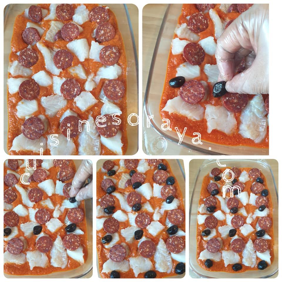 Cabillaud au coulis de poivron rouge à la tomate et chorizo