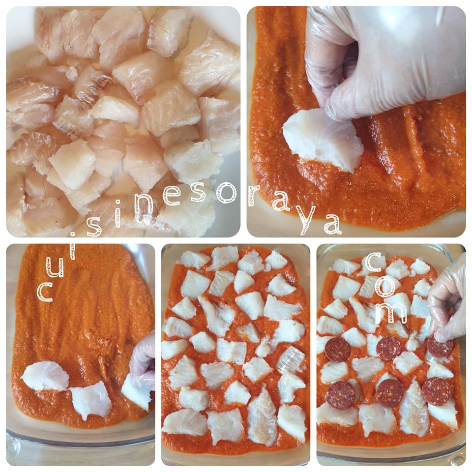 Cabillaud au coulis de poivron rouge à la tomate et chorizo