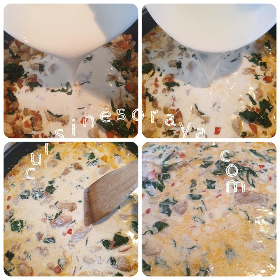 Penne au poulet, poivrons rouge et épinards à la crème de parmesan