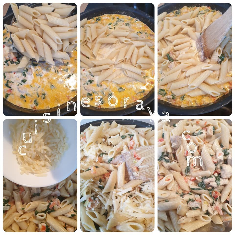 Penne au poulet, poivrons rouge et épinards à la crème de parmesan