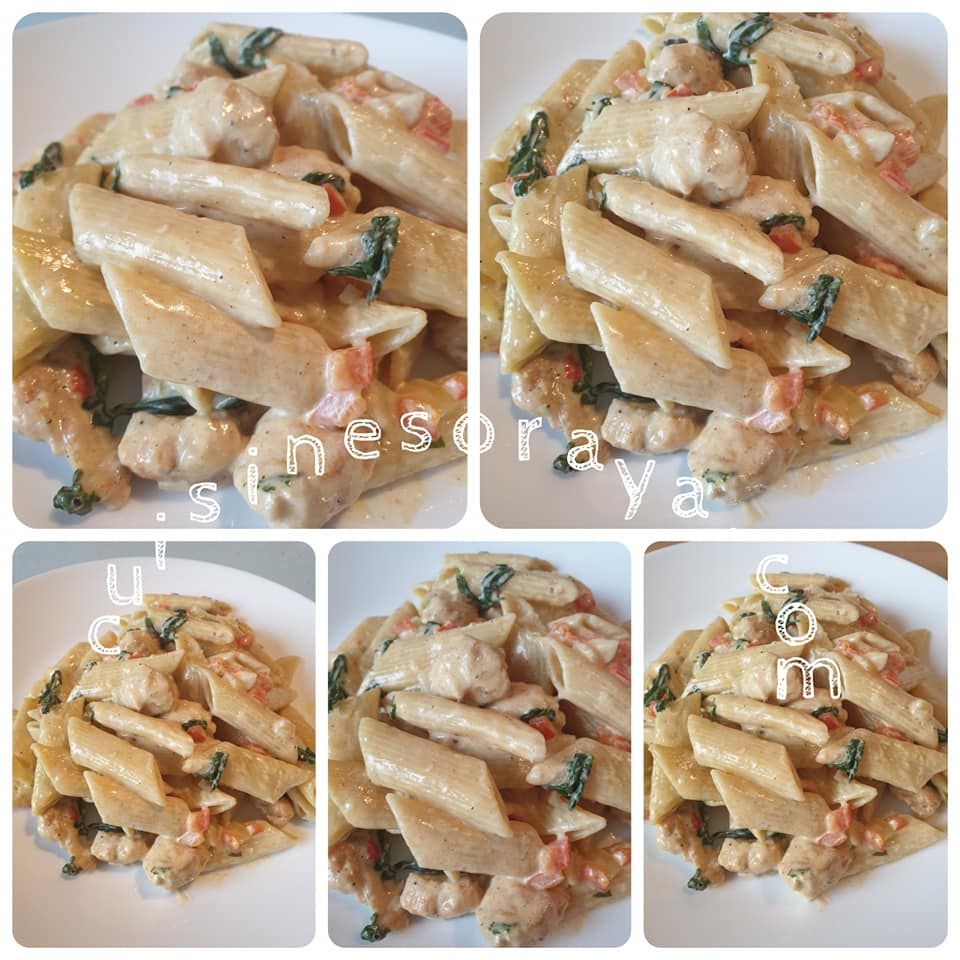 Penne au poulet, poivrons rouge et épinards à la crème de parmesan