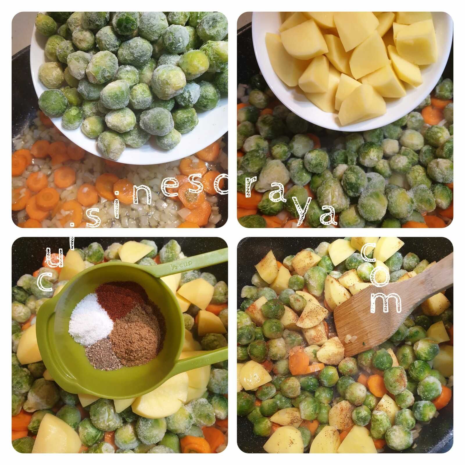 Tajine choux de Bruxelles, légumes, boulette de viande en sauce