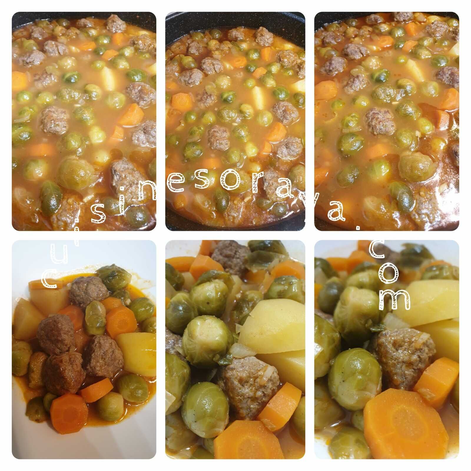 Tajine choux de Bruxelles, légumes, boulette de viande en sauce