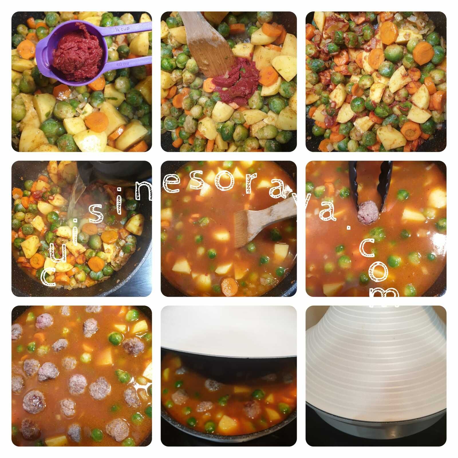 Tajine choux de Bruxelles, légumes, boulette de viande en sauce