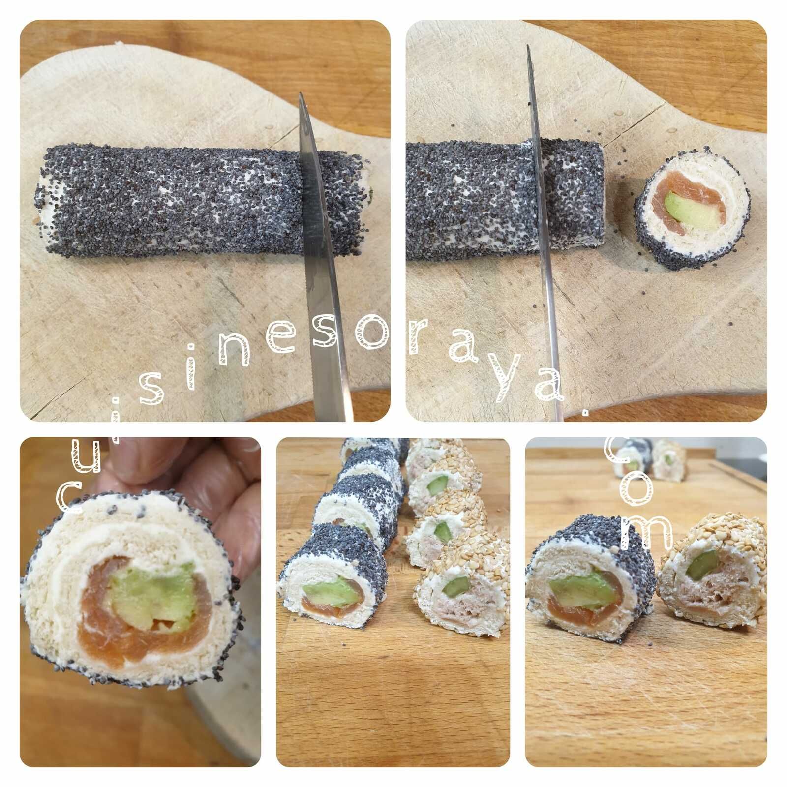 Sushi de pain de mie au thon/concombre et saumon/avocat