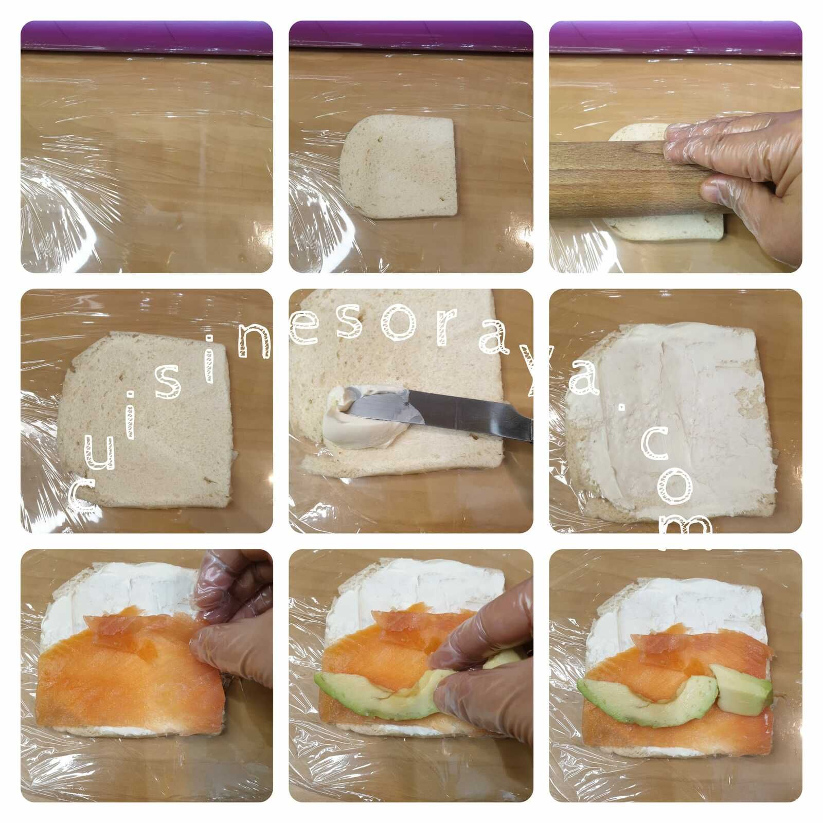 Sushi de pain de mie au thon/concombre et saumon/avocat