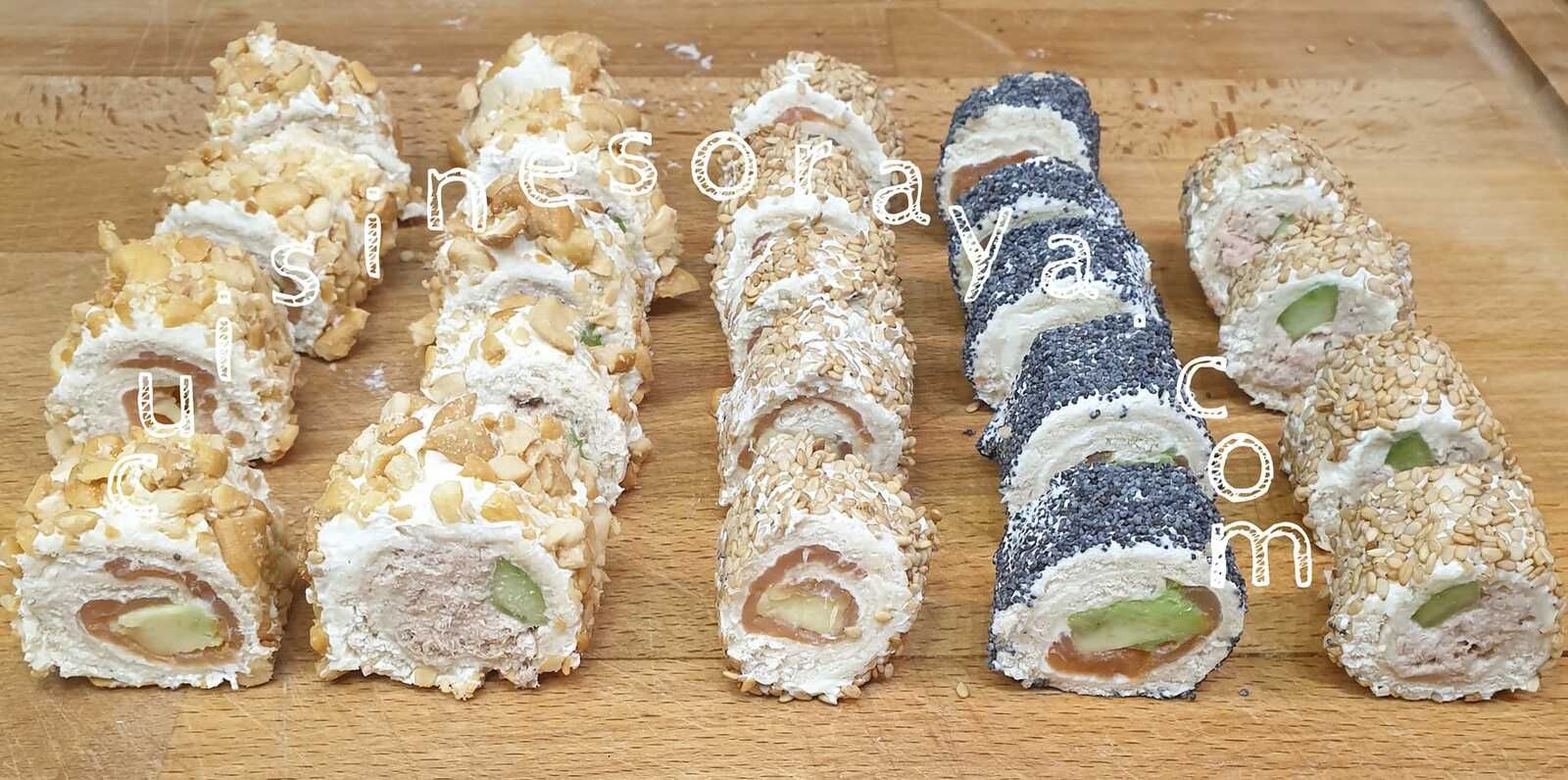 Sushi de pain de mie au thon/concombre et saumon/avocat
