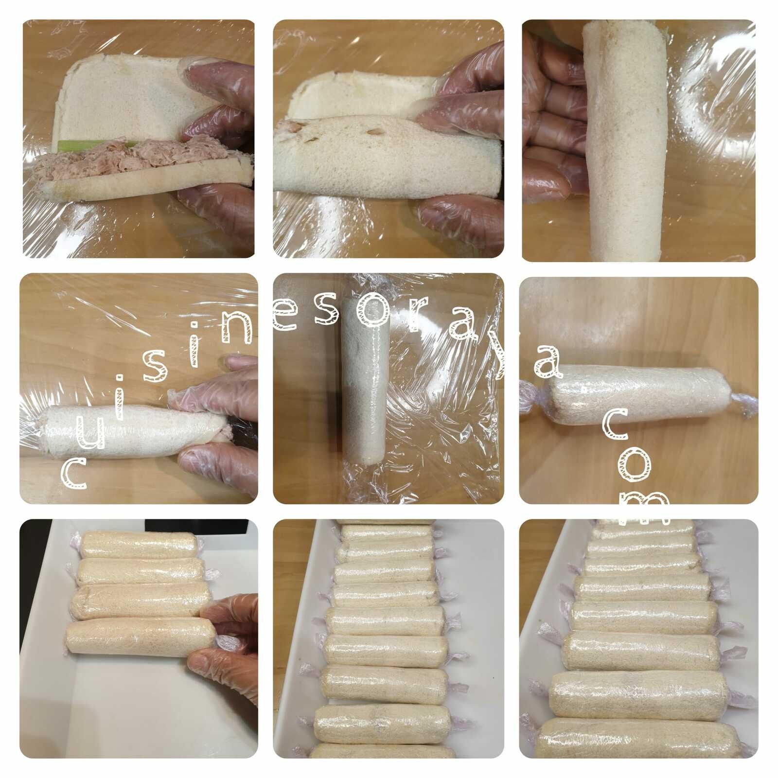 Sushi de pain de mie au thon/concombre et saumon/avocat