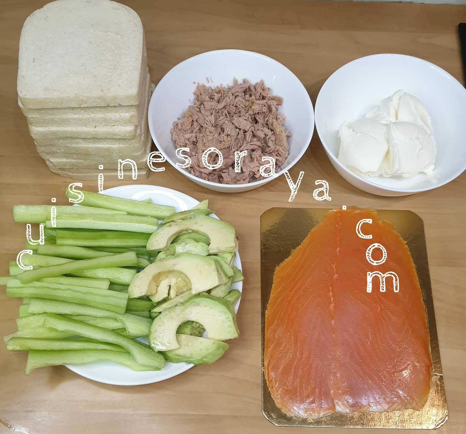 Sushi de pain de mie au thon/concombre et saumon/avocat