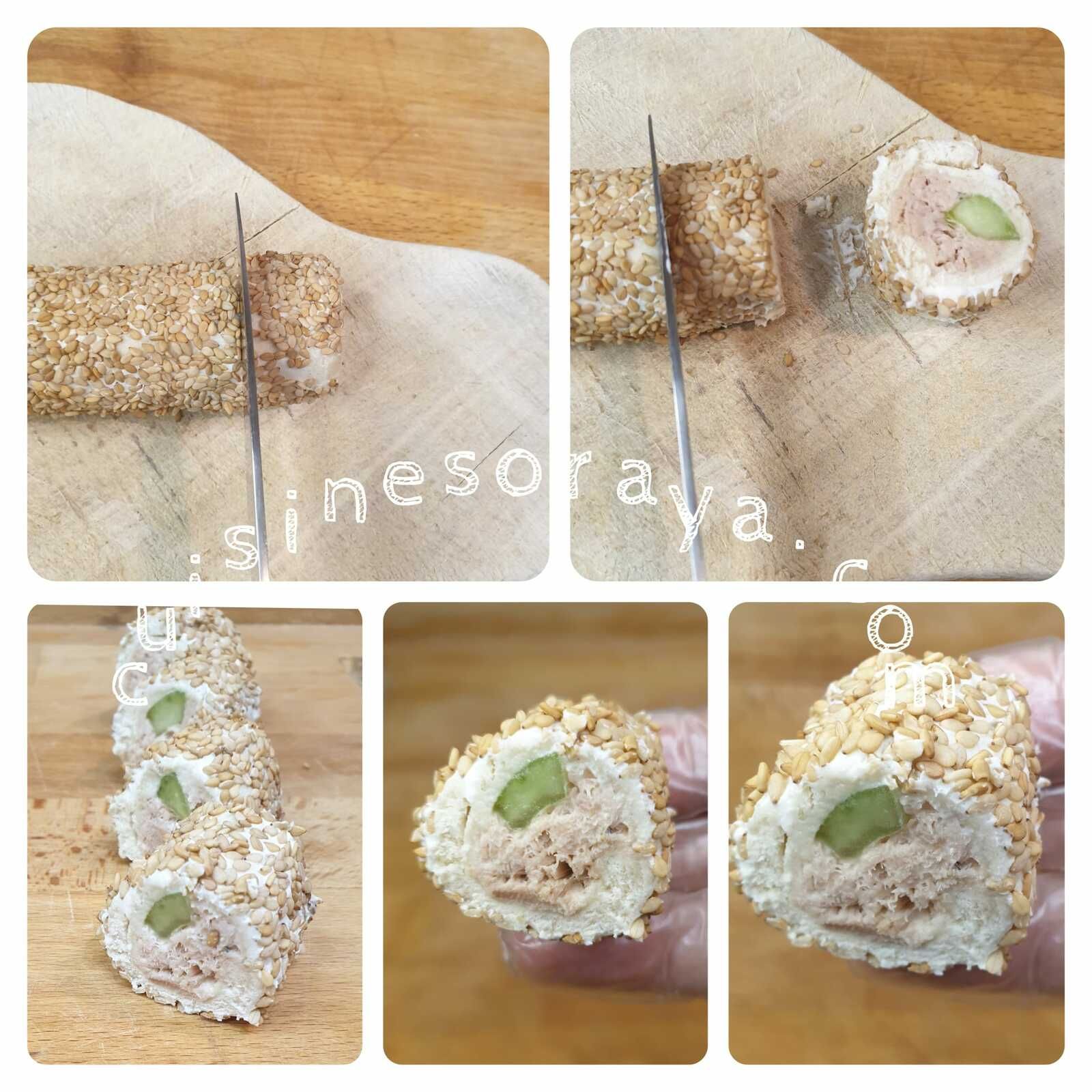 Sushi de pain de mie au thon/concombre et saumon/avocat