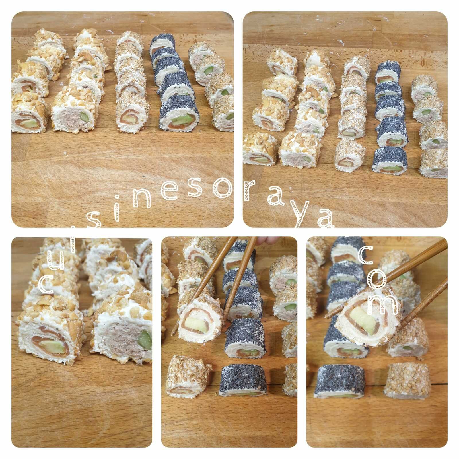 Sushi de pain de mie au thon/concombre et saumon/avocat