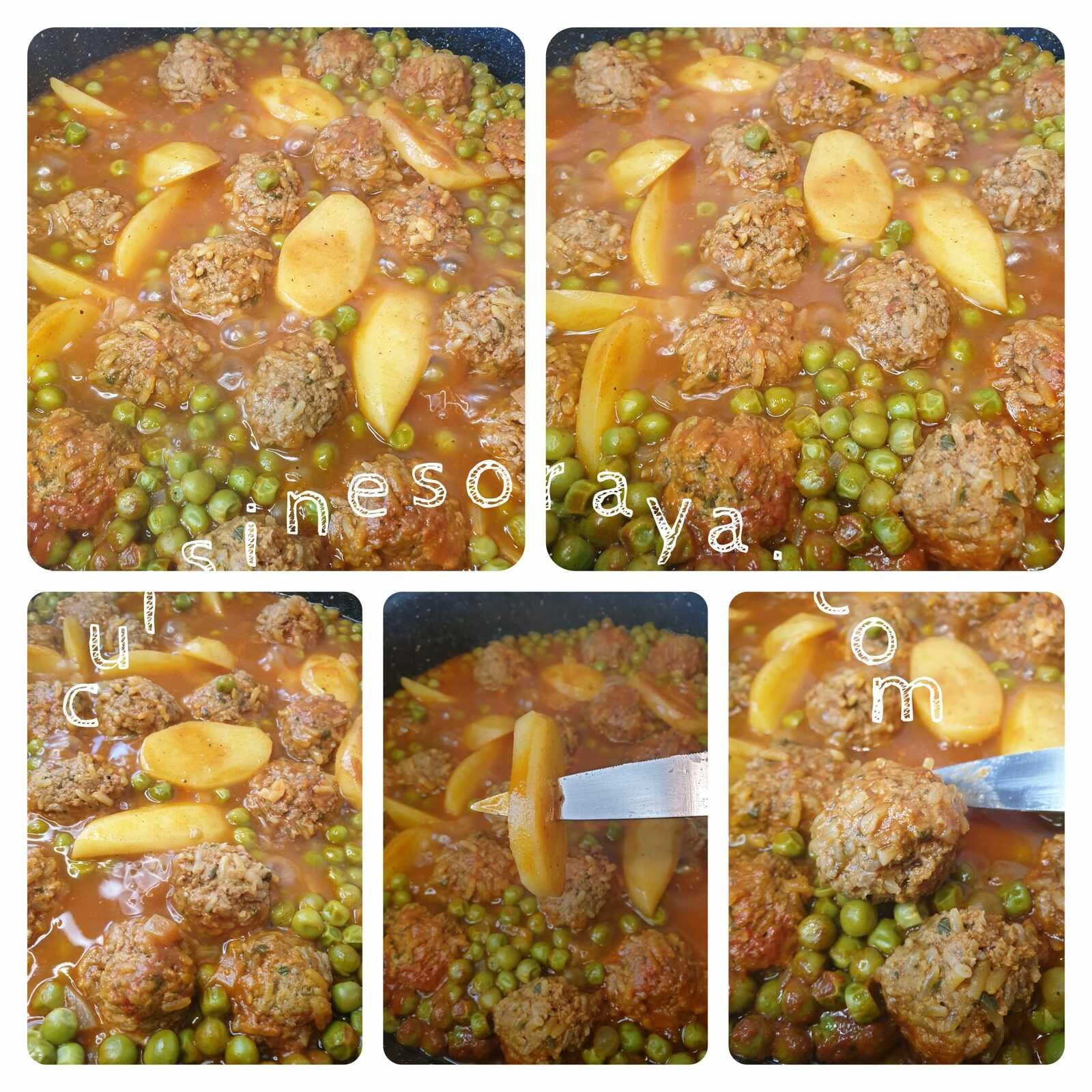 Tajine boulette de viande au riz aux petits pois et pommes de terre en sauce