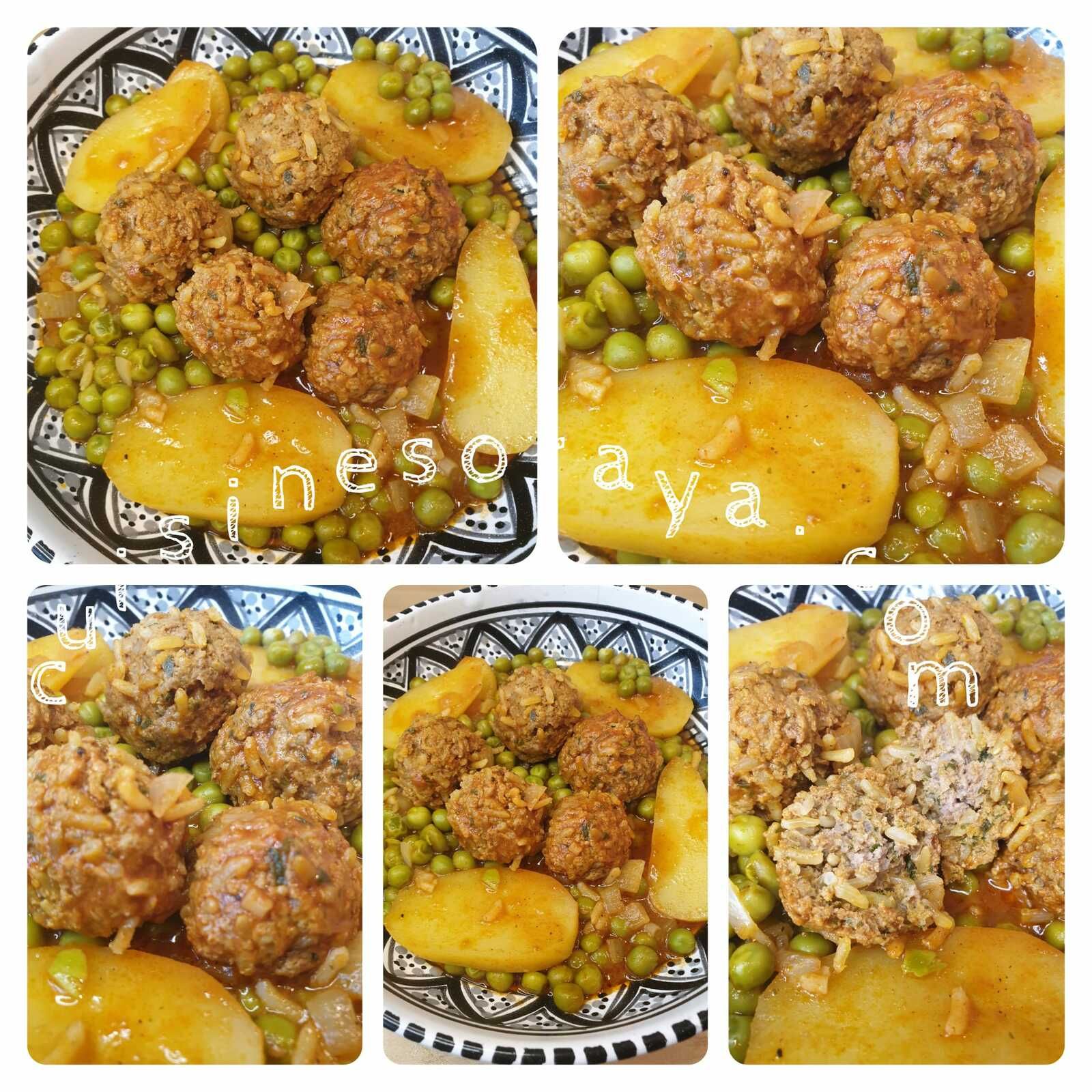 Tajine boulette de viande au riz aux petits pois et pommes de terre en sauce