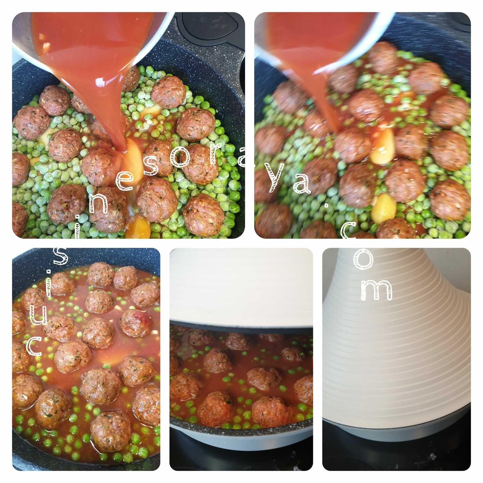 Tajine boulette de viande au riz aux petits pois et pommes de terre en sauce