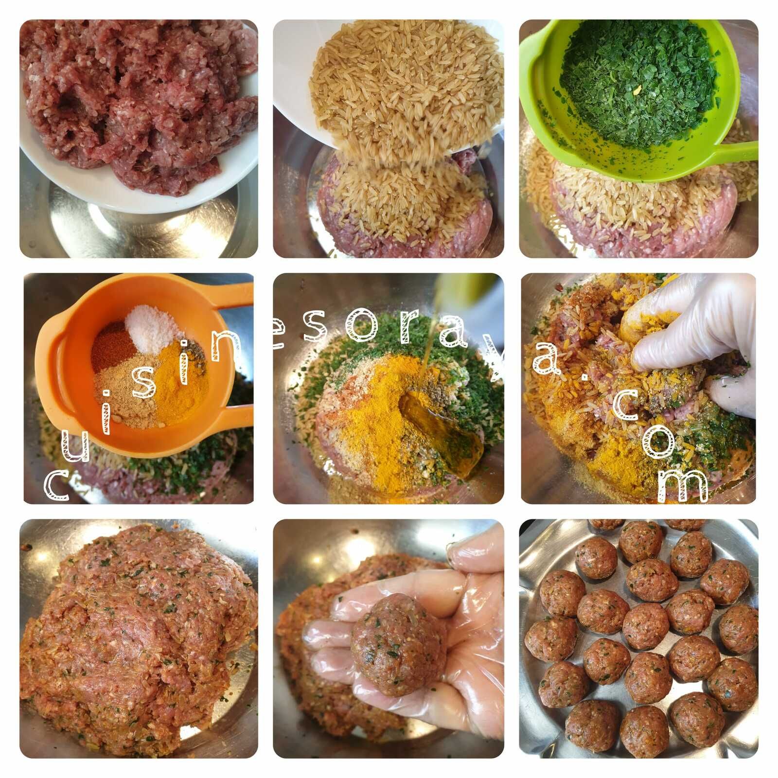 Tajine boulette de viande au riz aux petits pois et pommes de terre en sauce