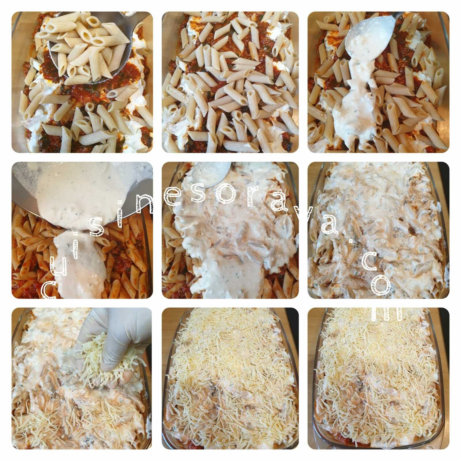 Gratin de pâte, viande, épinards à la crème ricotta