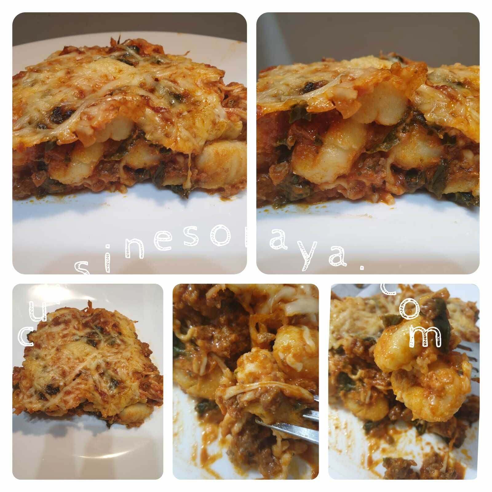 Gnocchis à la viande, épinards et fromage gratiné au four