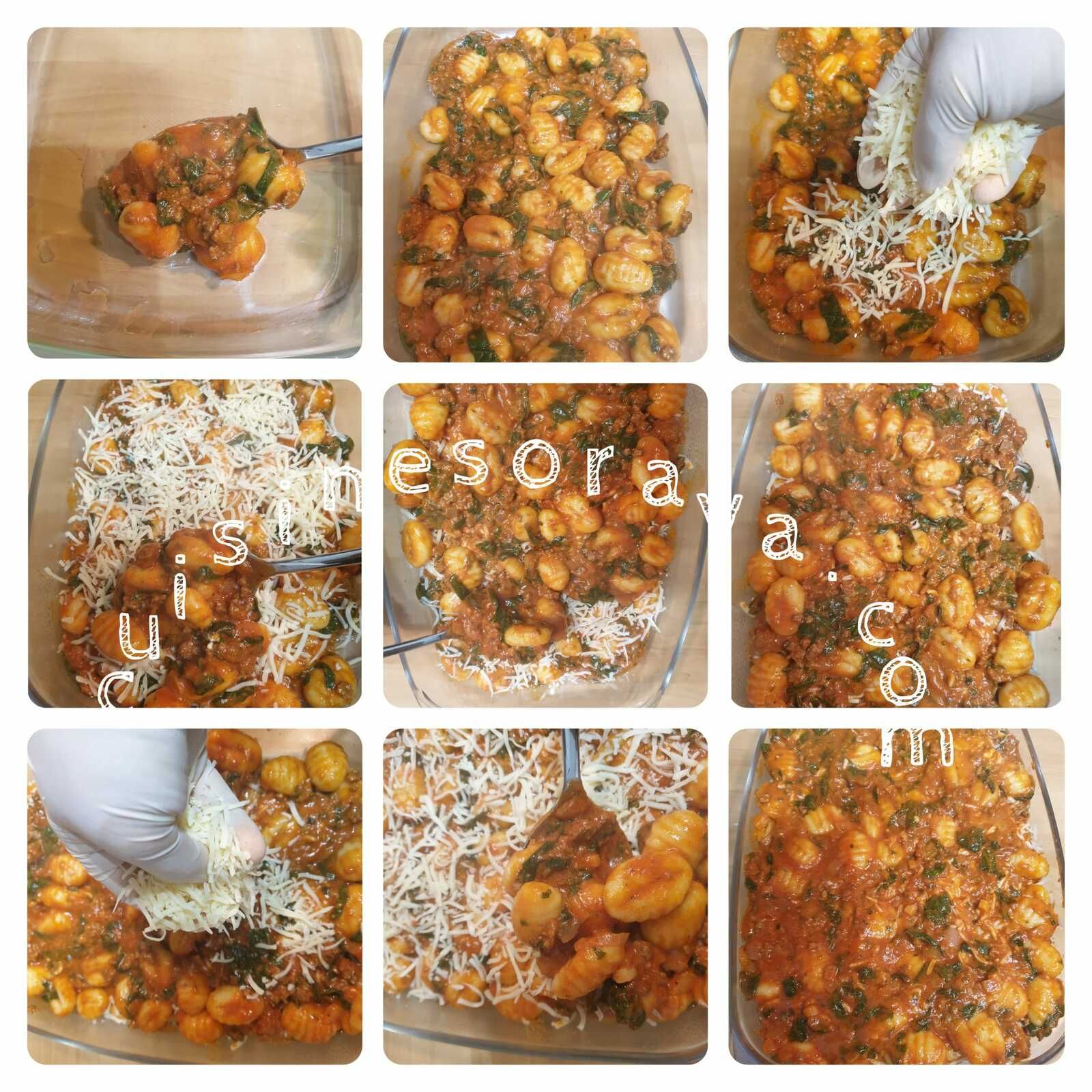 Gnocchis à la viande, épinards et fromage gratiné au four