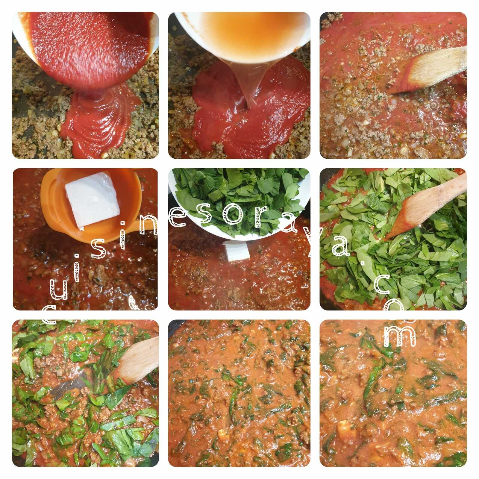 Gnocchis à la viande, épinards et fromage gratiné au four