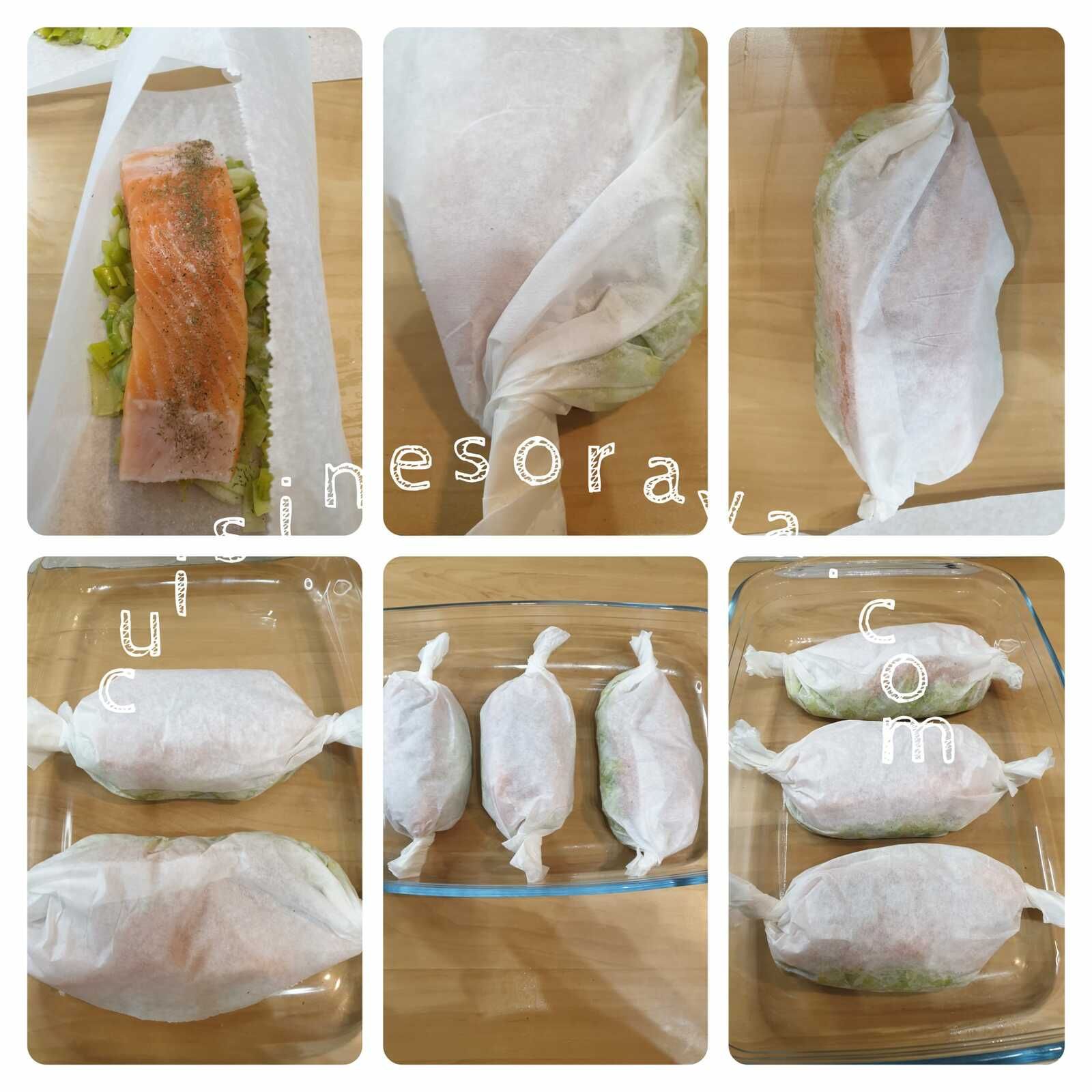 Fondu de poireaux et saumon en papillote