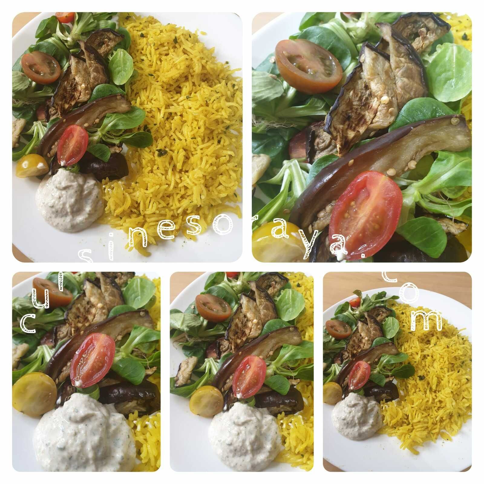 Salade de mâche, tomate, aubergine grillé et sa sauce au yaourt épicée