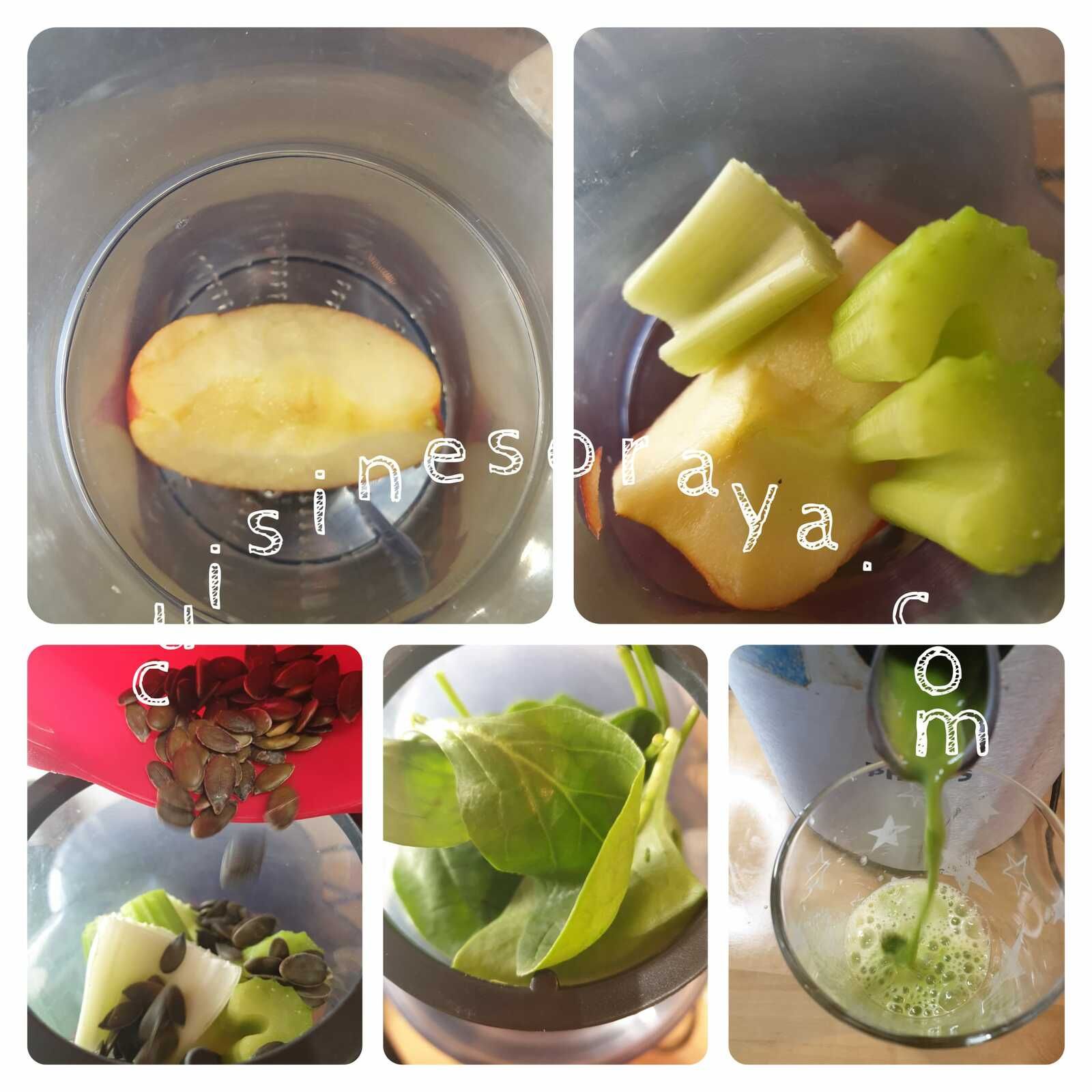 Jus à la pomme, céleri, épinards et graines de courges