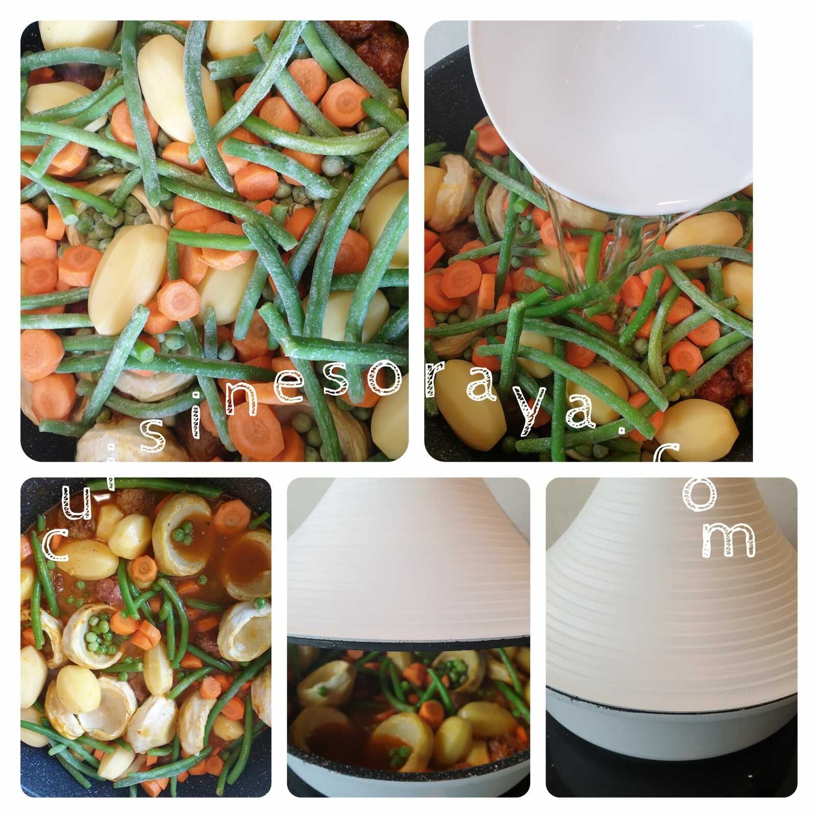 Tajine fond d'artichaut, kefta et printanière de légumes