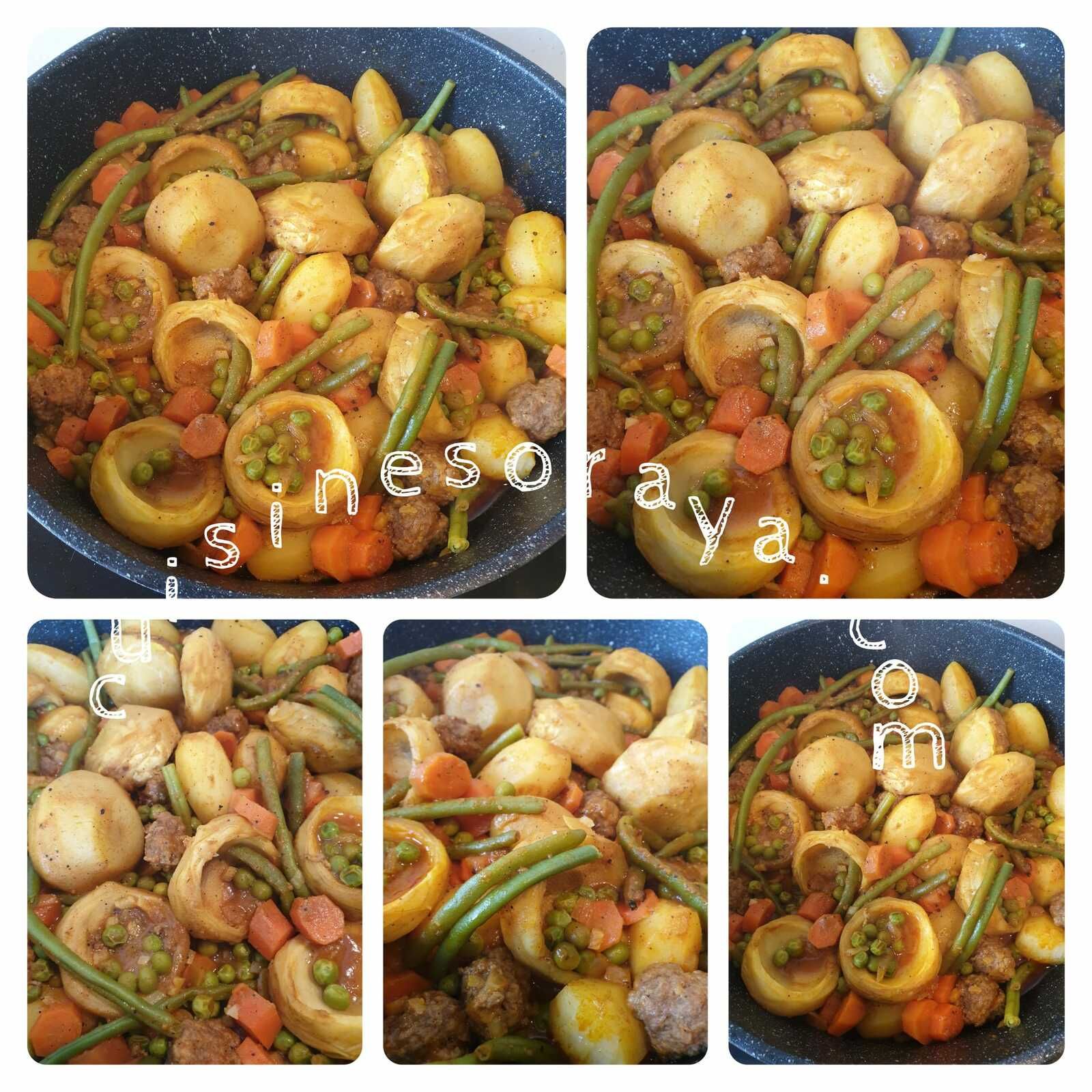 Tajine fond d'artichaut, kefta et printanière de légumes