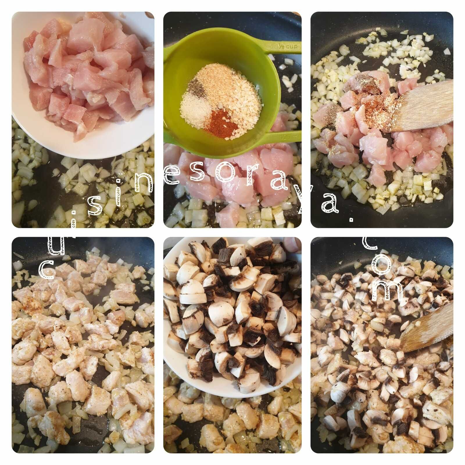 Pâtes au poulet, champignons à la sauce crème de tartare