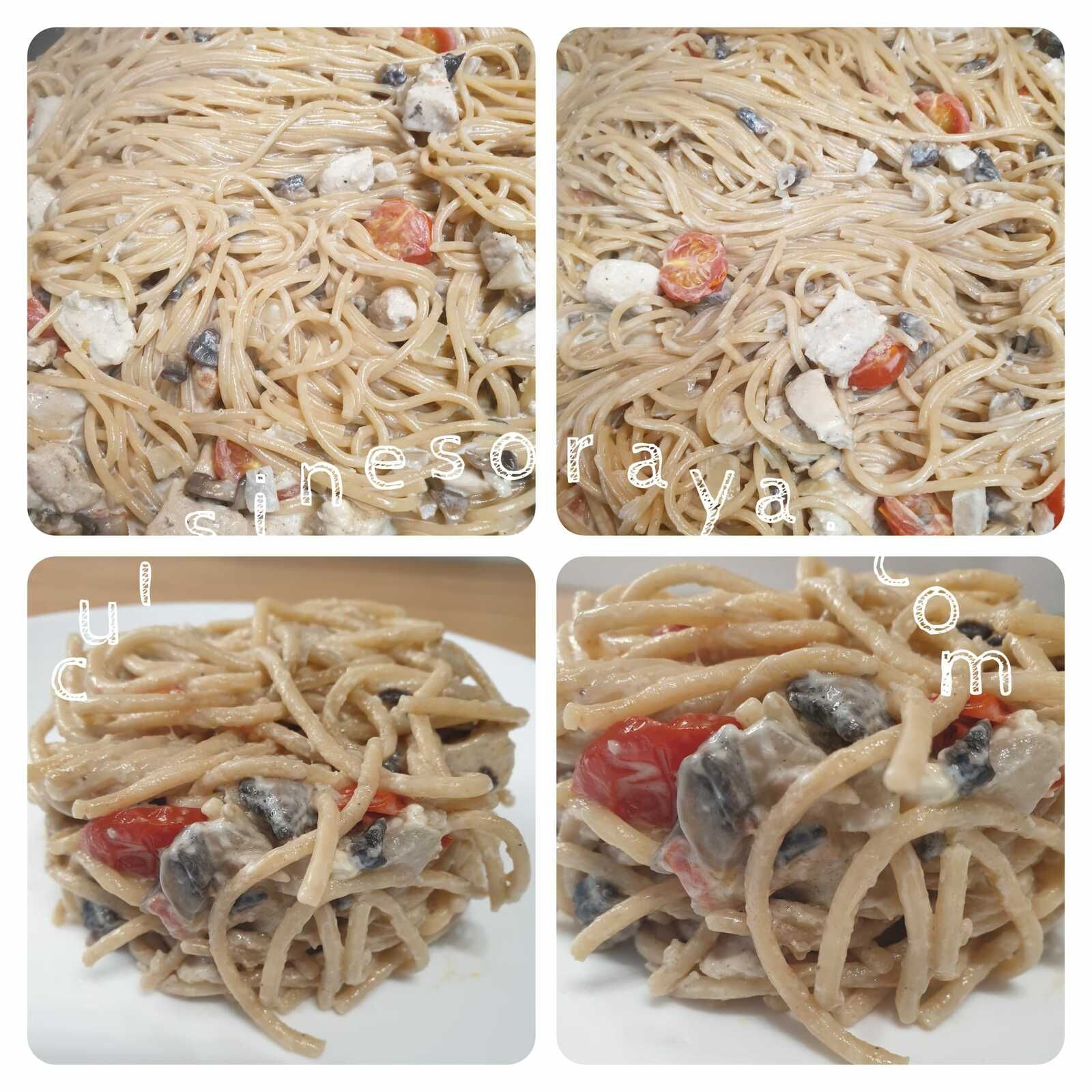 Pâtes au poulet, champignons à la sauce crème de tartare