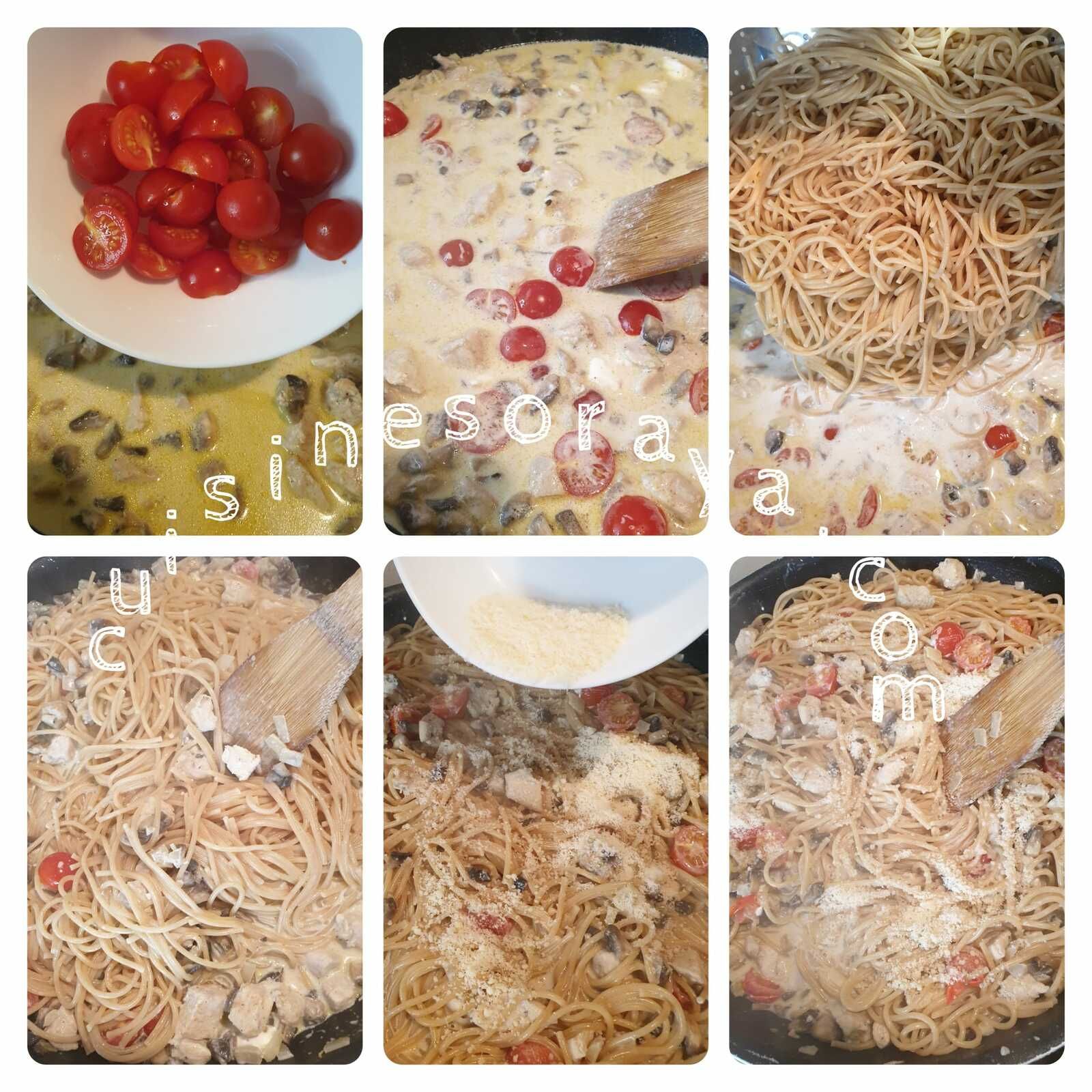 Pâtes au poulet, champignons à la sauce crème de tartare