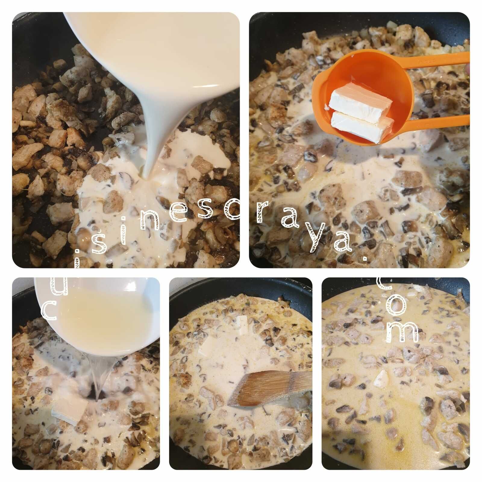 Pâtes au poulet, champignons à la sauce crème de tartare
