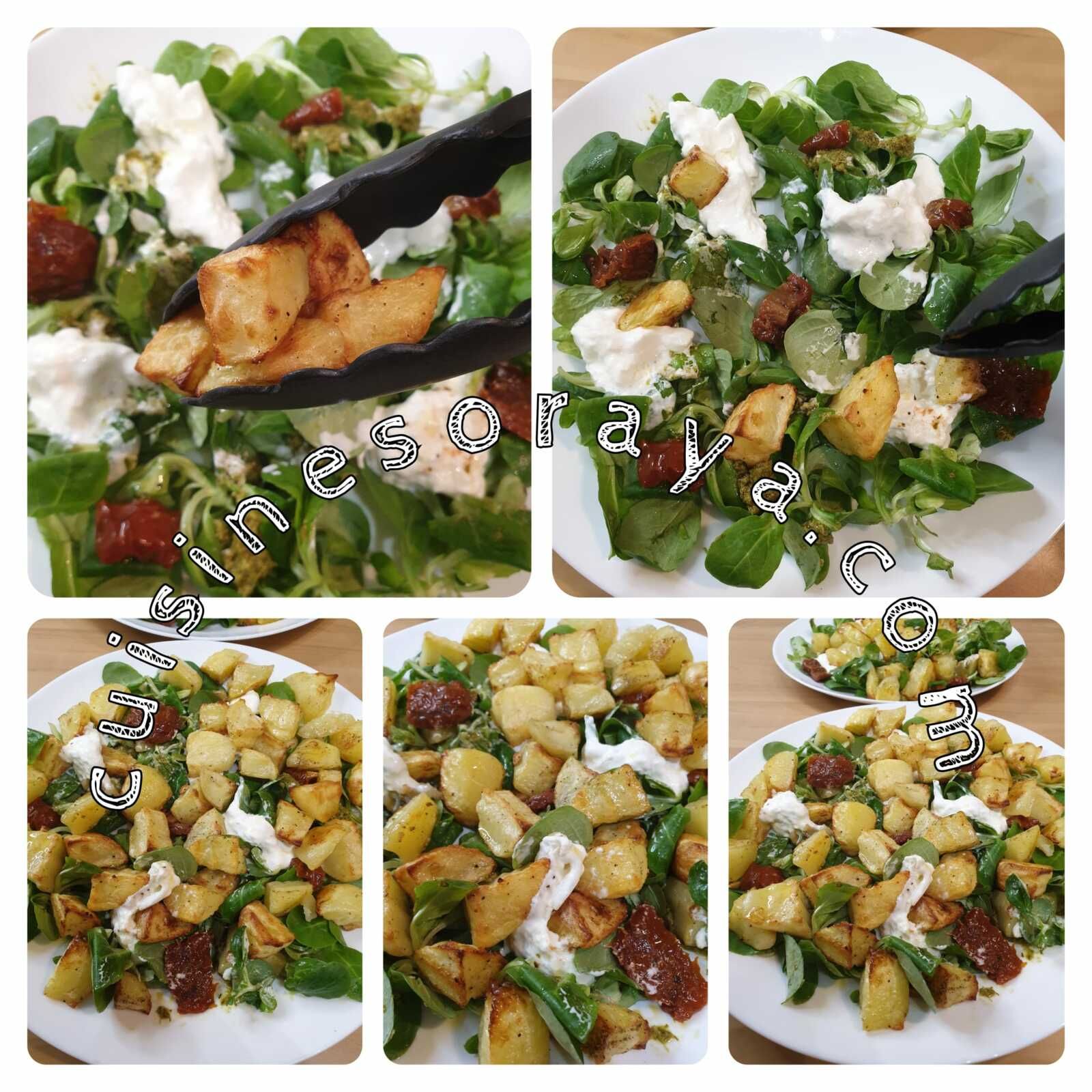 Salade de mâche, pomme de terre rôties, pesto et burrata