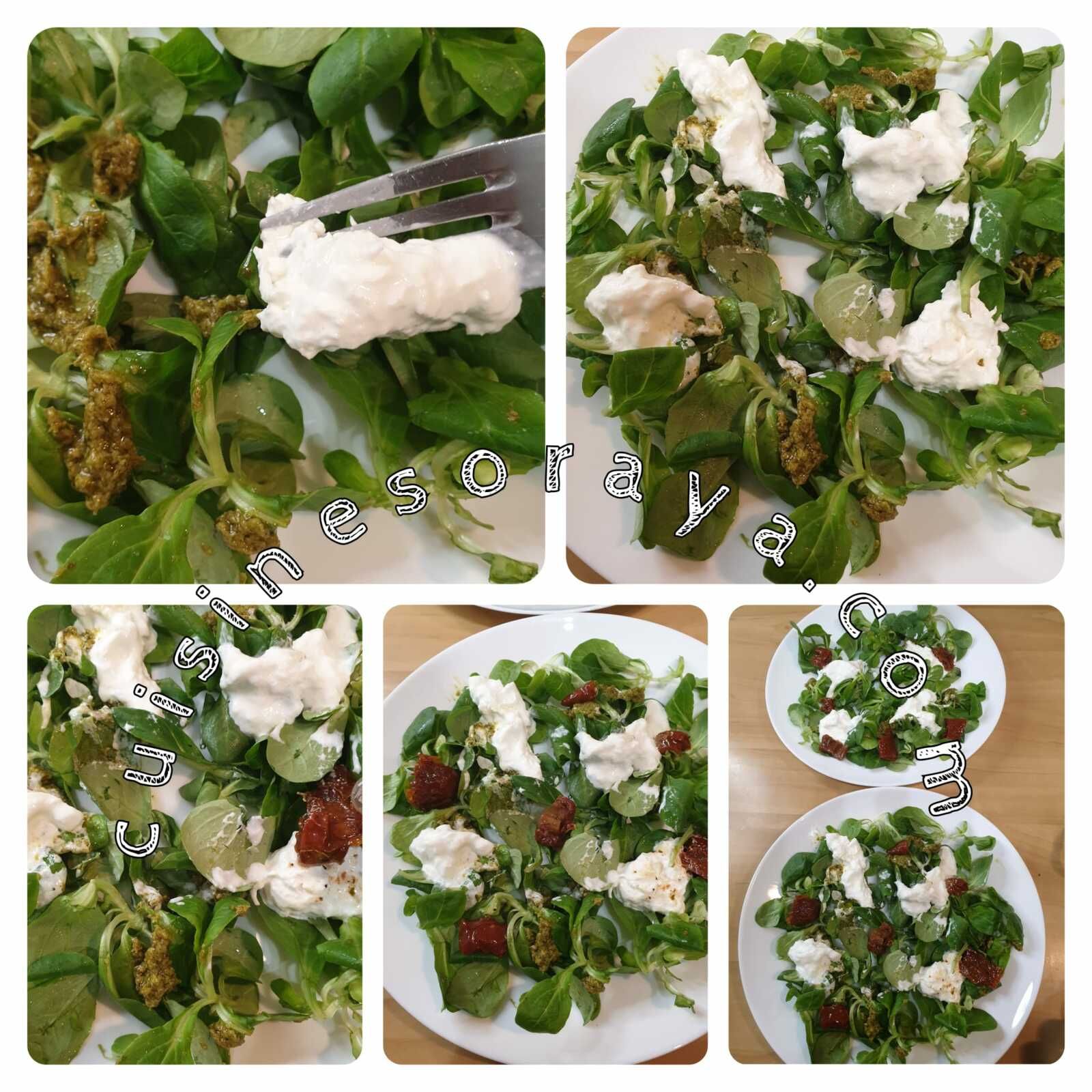 Salade de mâche, pomme de terre rôties, pesto et burrata