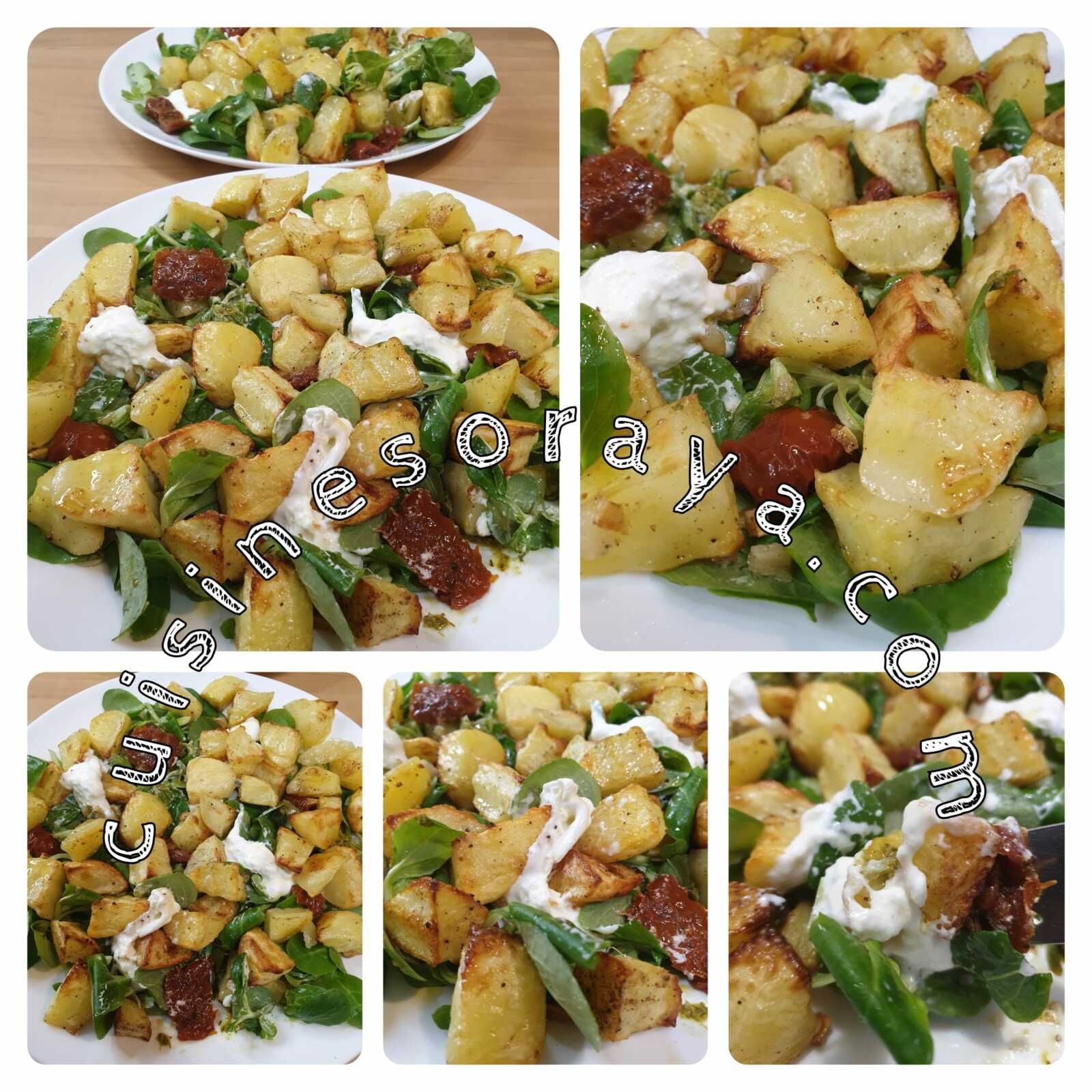 Salade de mâche, pomme de terre rôties, pesto et burrata