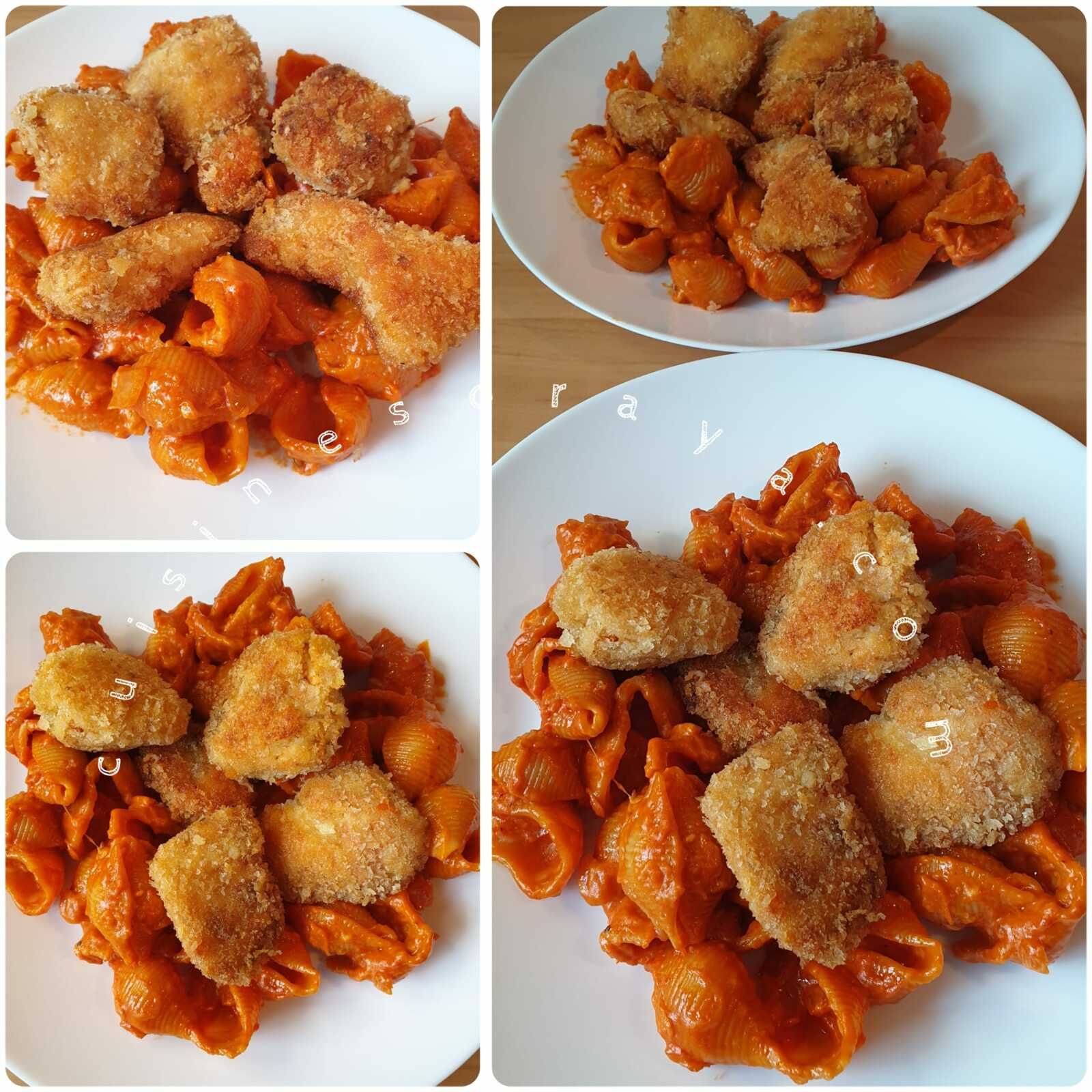 Pâtes à la tomate crémeuse et ses nuggets de poulet épicées