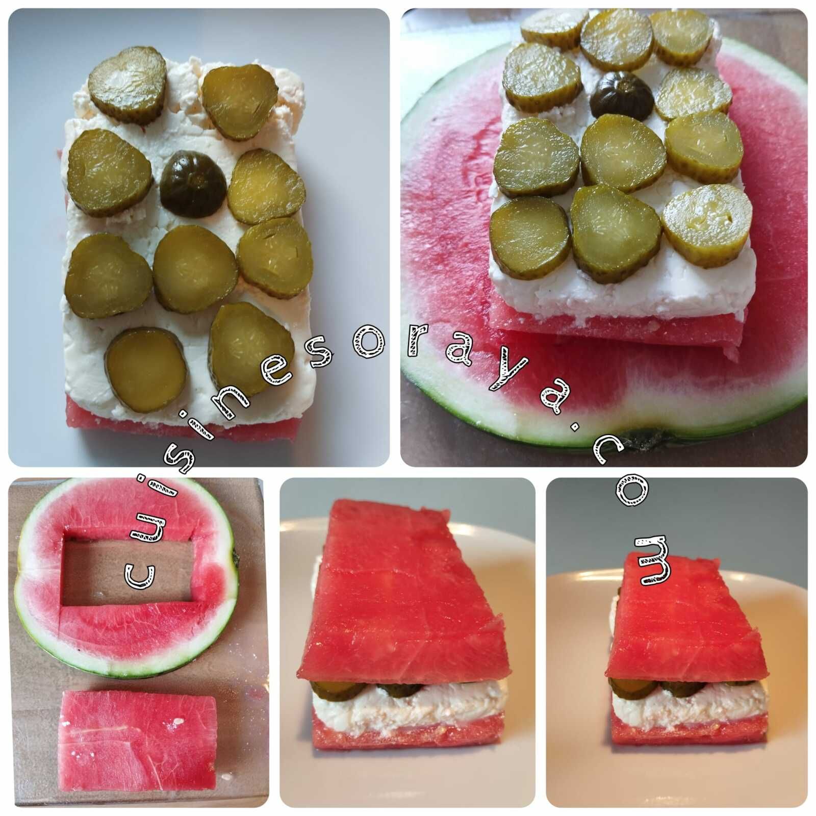 Mini burger feta et cornichon à la pastèque