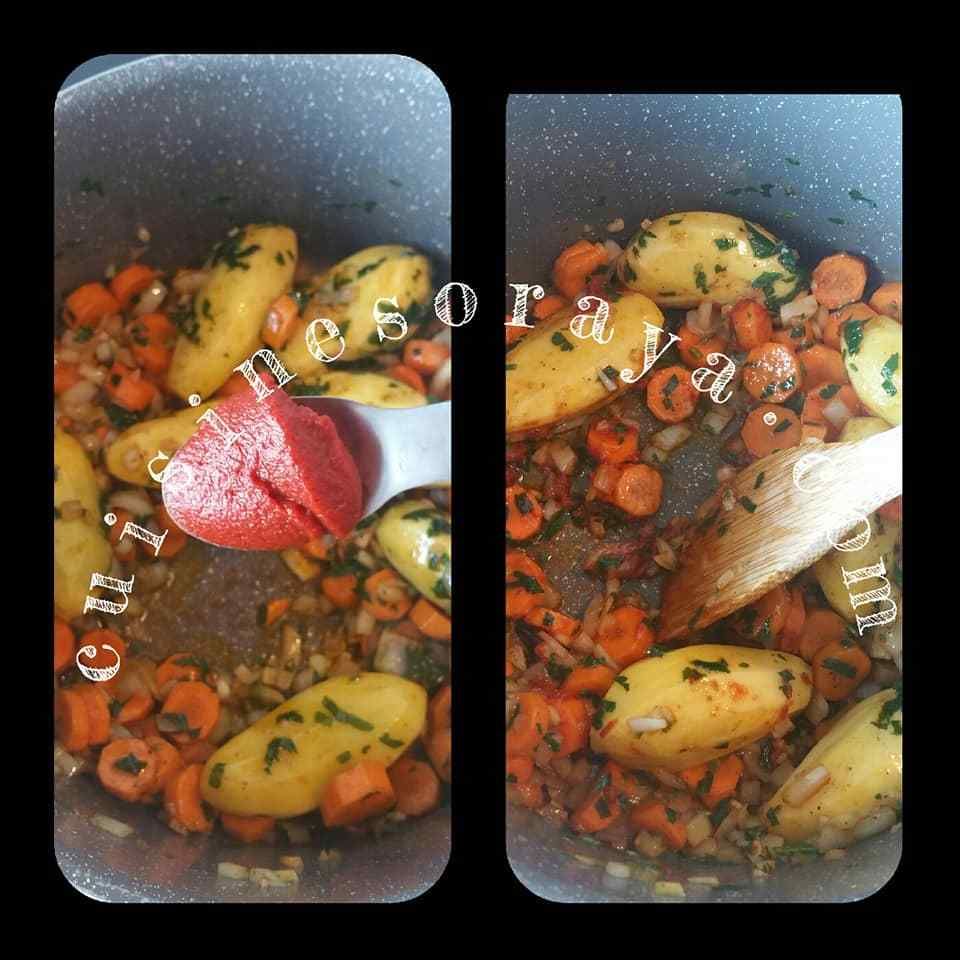 Mijoté de petits-pois- carottes - pommes de terre aux oeufs pochés