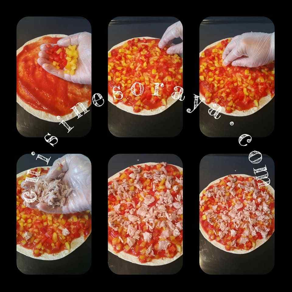 Pizza wrap thon poivrons et aux 3 fromages.